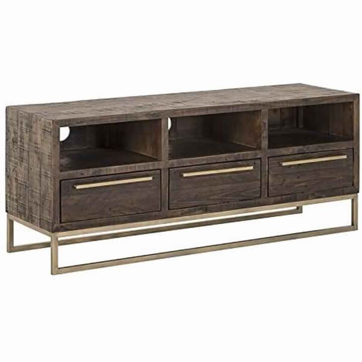 3 Drawer TV Console with Sled Base and 3 Open Compartments, Brown and Gold-Benzara