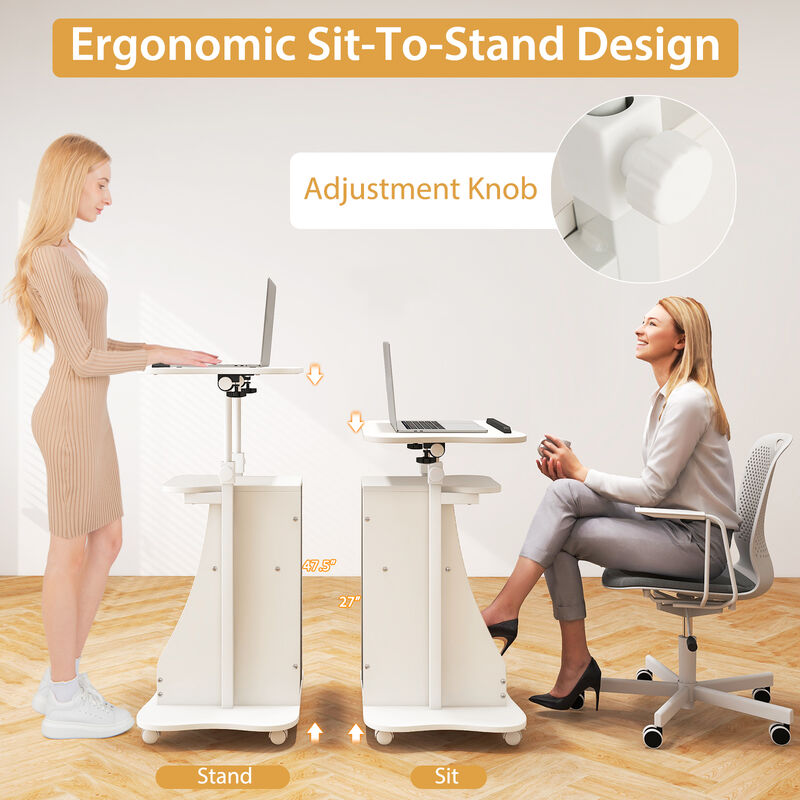 Mobile Podium Stand Height Adjustable Laptop Cart with Tilting Tabletop and Storage Compartments