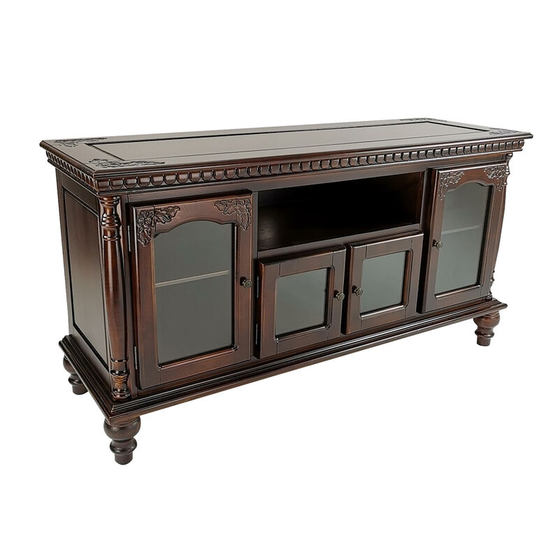 TV Stand with 4 Glass Doors and Turnip Feet, Brown - Benzara