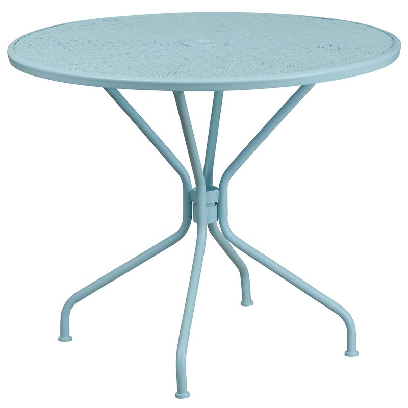 Flash Furniture Commercial Grade 35.25" Round Sky Blue Indoor-Outdoor Steel Patio Table Set with 2 Round Back Chairs