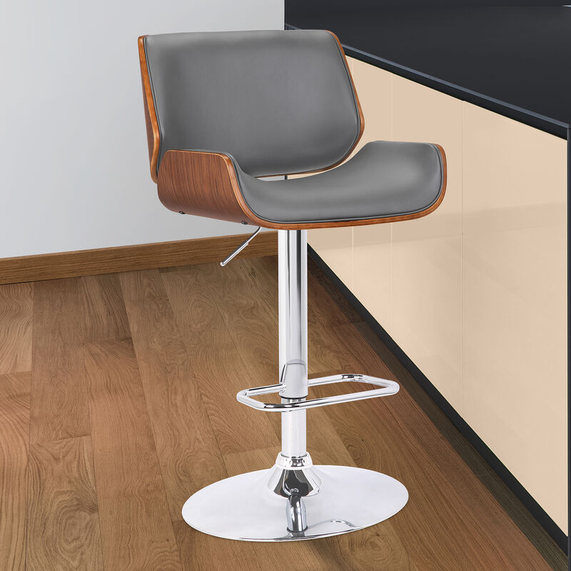 London Grey Faux Leather Adjustable Height Swivel Walnut Wood and Chrome Stool