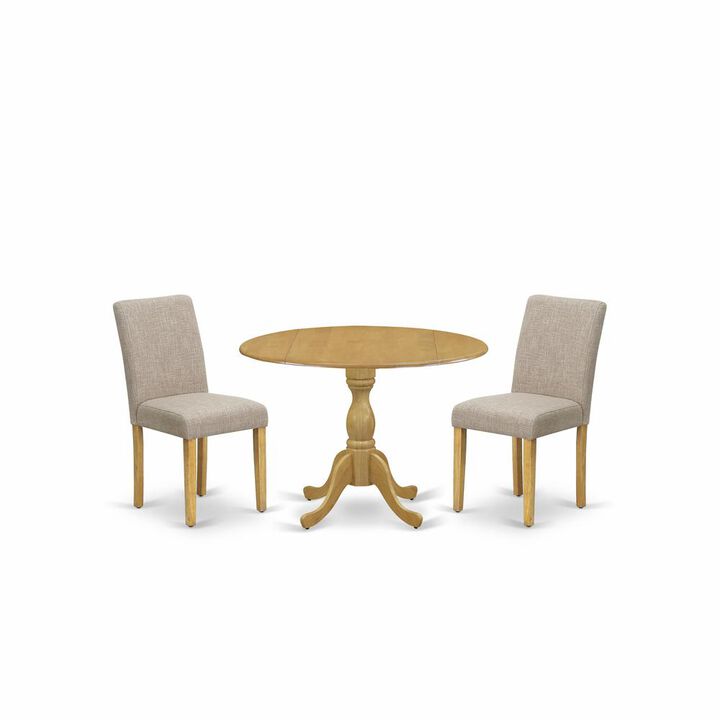 East West Furniture DMAB3-OAK-04 3 Piece Dining Table Set - Oak Small Dining Table and 2 Light Tan Linen Fabric Modern Dining Chairs with High Back - Oak Finish