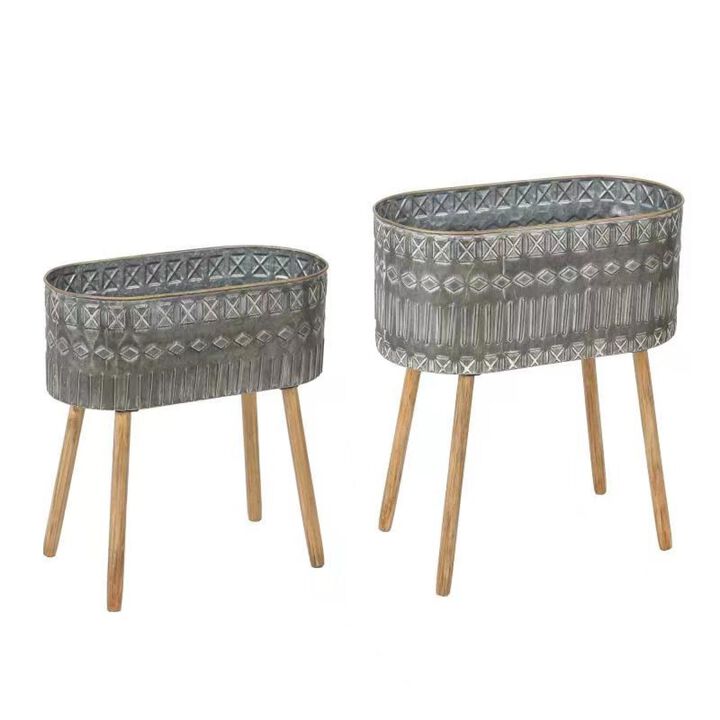 LuxenHome Set of 2 Aztec Gray Metal Cachepot Planters with Wood Legs