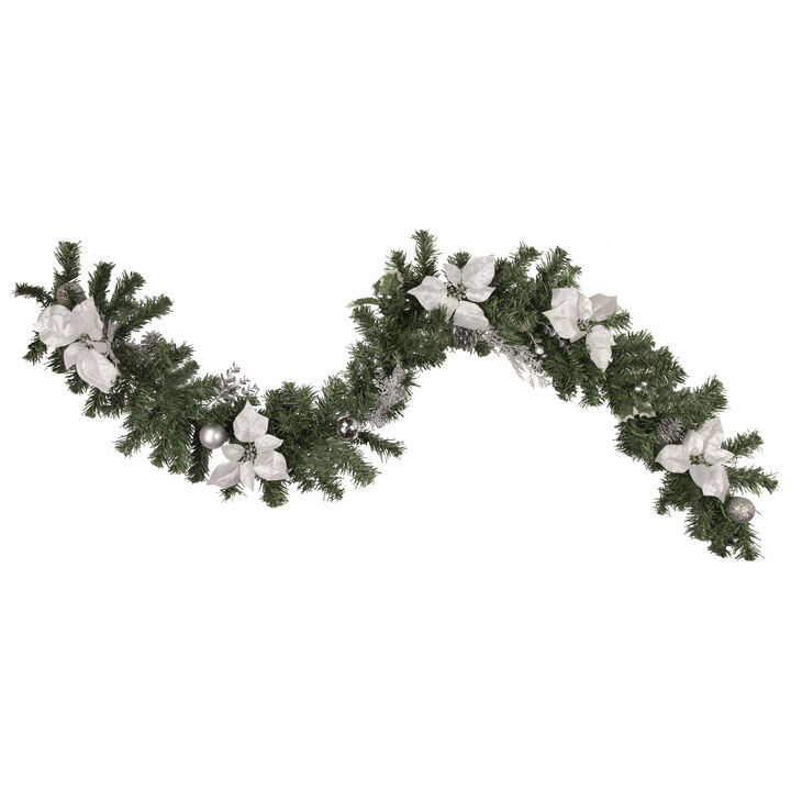 6' x 9" Silver Poinsettia and Pinecone Artificial Christmas Garland  Unlit