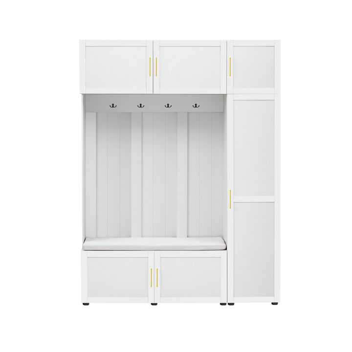 Merax Entryway Hall Tree with Cushioned Seating Bench, 4 Decorative Hooks & Tiered Shelves