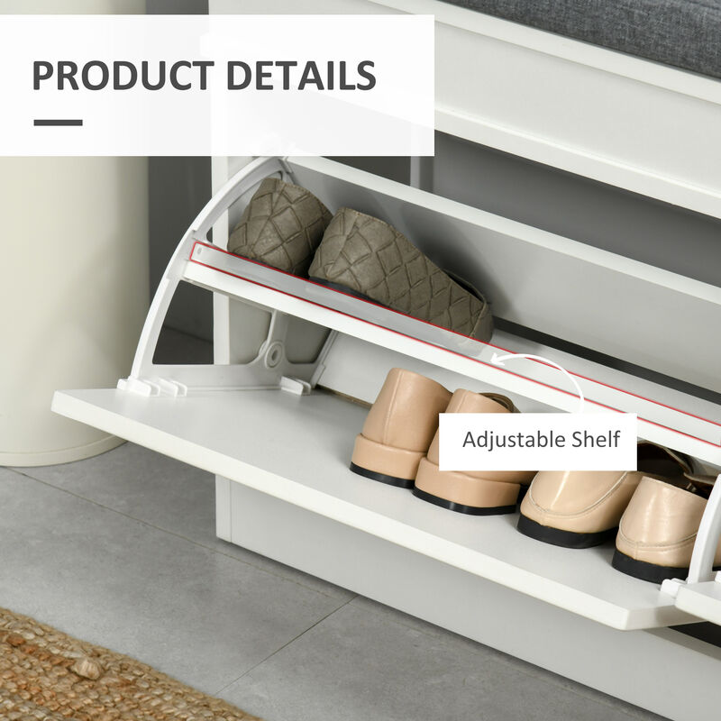 HOMCOM Modern Shoe Rack Bench for Entryway, Storage Organizer with Cushion, 2 Drawers, Adjustable Shelf, Holds 8 Pairs, White