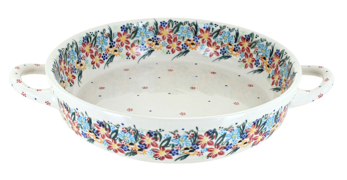 Blue Rose Polish Pottery Autumn Burst Small Round Baker with Handles