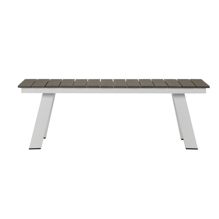 Zia 54 Inch Outdoor Dining Bench, Gray Polyresin Top, White Aluminum Frame-Benzara