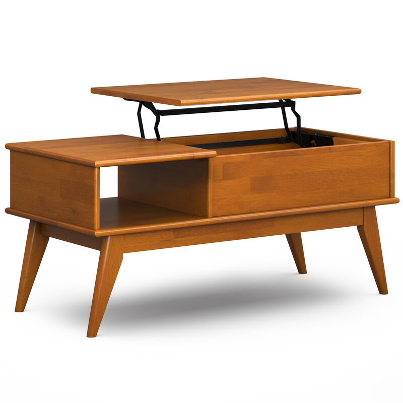 Draper SOLID HARDWOOD 48 inch Wide Rectangle Mid Century Modern Lift Top Coffee Table in Teak Brown