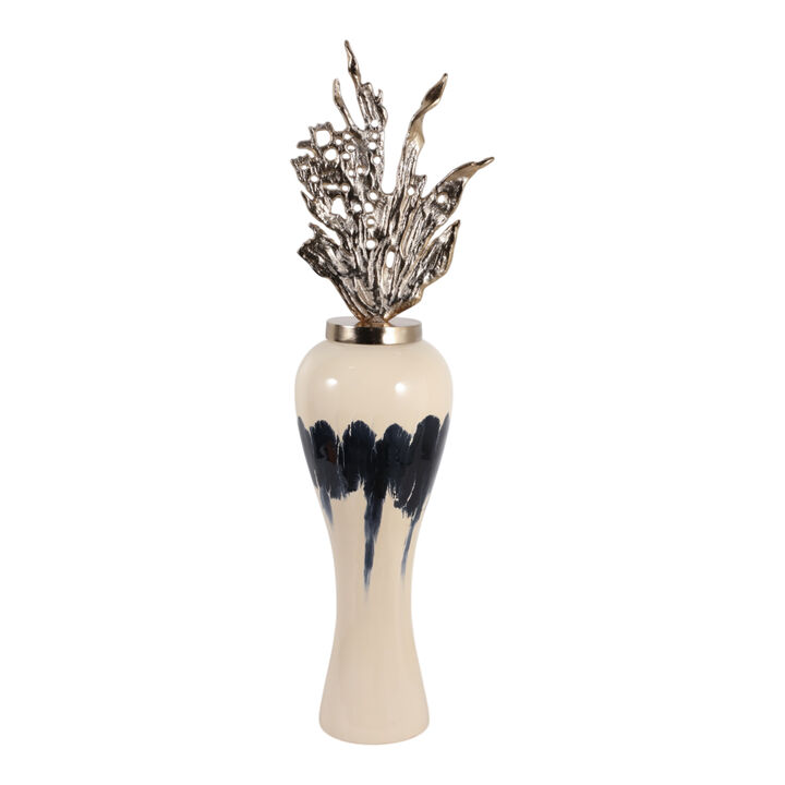 Metal Vase W/ Leaf Like Lid