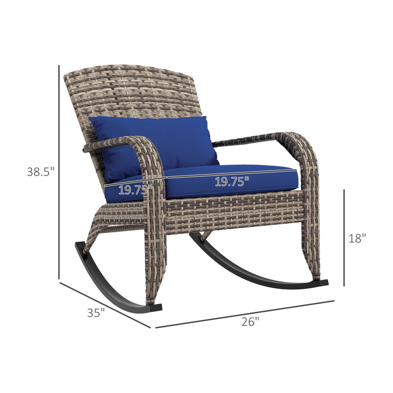 Outsunny Outdoor Wicker Adirondack Rocking Chair, Patio Rattan Rocker Chair with High Back, Seat Cushion, and Pillow for Garden, Porch, Balcony, Dark Blue