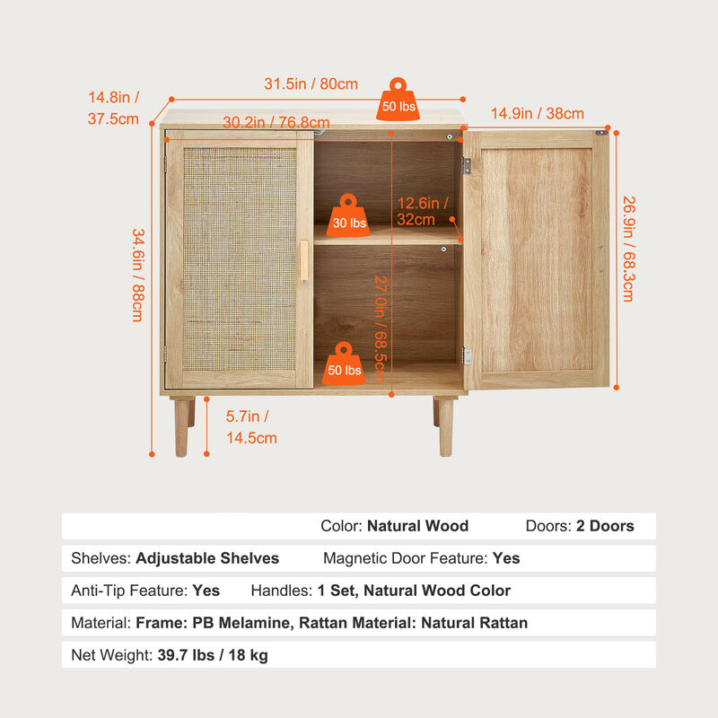 Rattan Storage Cabinet with 2 Magnetic Doors and Adjustable Shelves for Any Room