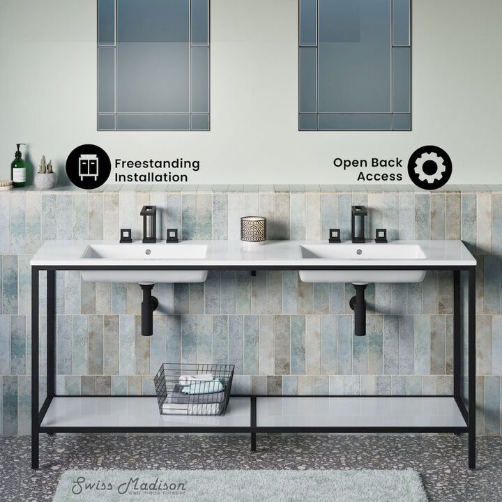 72 Double, Freestanding, Open Shelf, Matte Black Metal Frame Bathroom Vanity