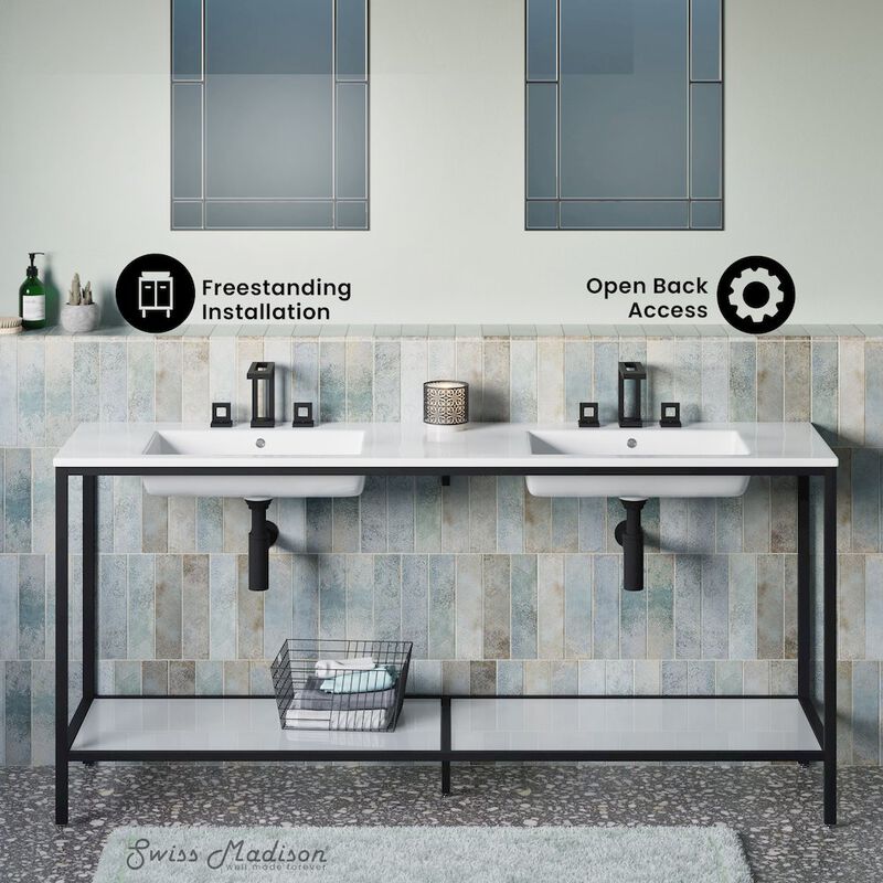 72 Double, Freestanding, Open Shelf, Matte Black Metal Frame Bathroom Vanity image number 1