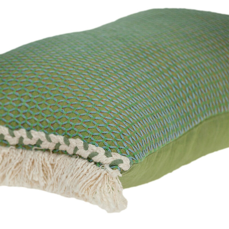 HomeRoots 14" X 20" Green And Beige Cotton Lumbar Throw Pillow with Embroidery and Fringe image number 3