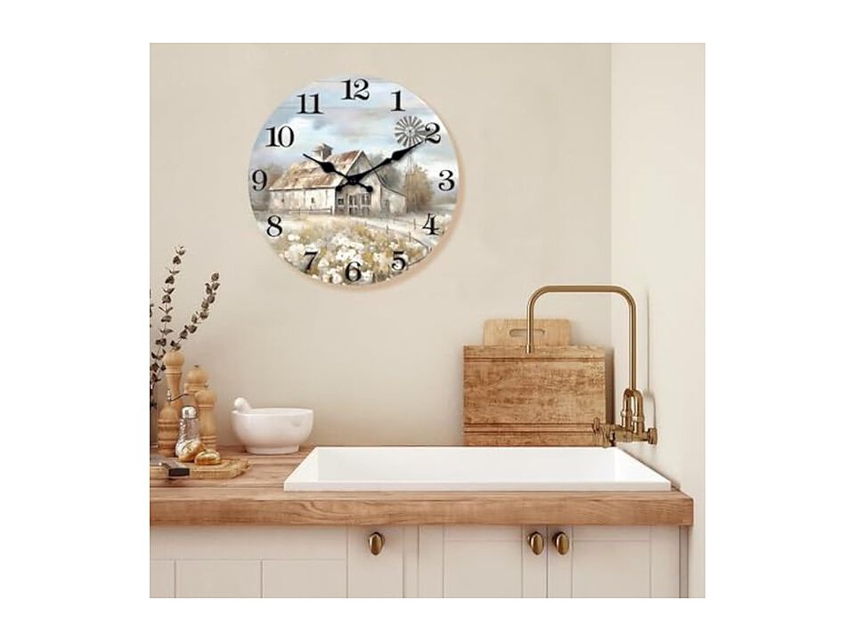 Farmhouse Wooden Rustic Windmill Barn Wall Clock 14 Inch Silent Non Ticking Wood