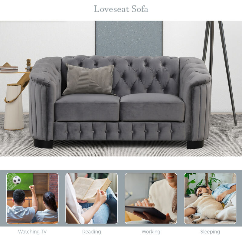 64" Velvet Upholstered Loveseat Sofa, Modern Loveseat Sofa with Thick Removable Seat Cushion, 2-Person Loveseat Sofa Couch for Living Room, Bedroom, or Small Space, Gray