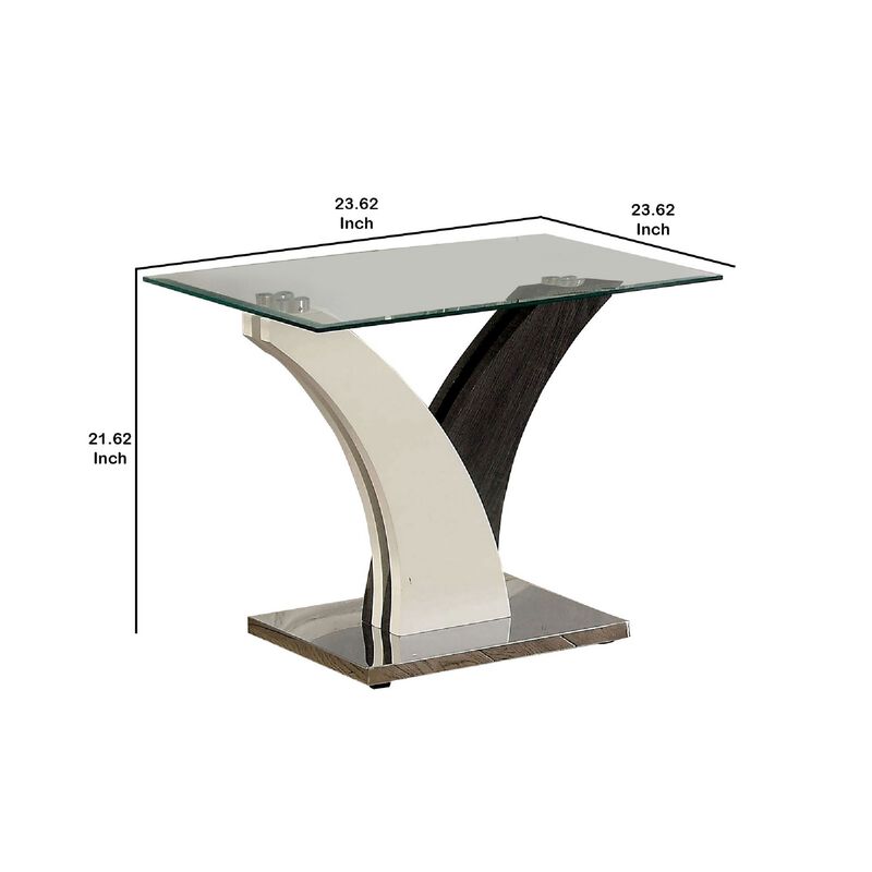 Modern Two Tone Flared Base End Table with Glass Top, White and Gray-Benzara