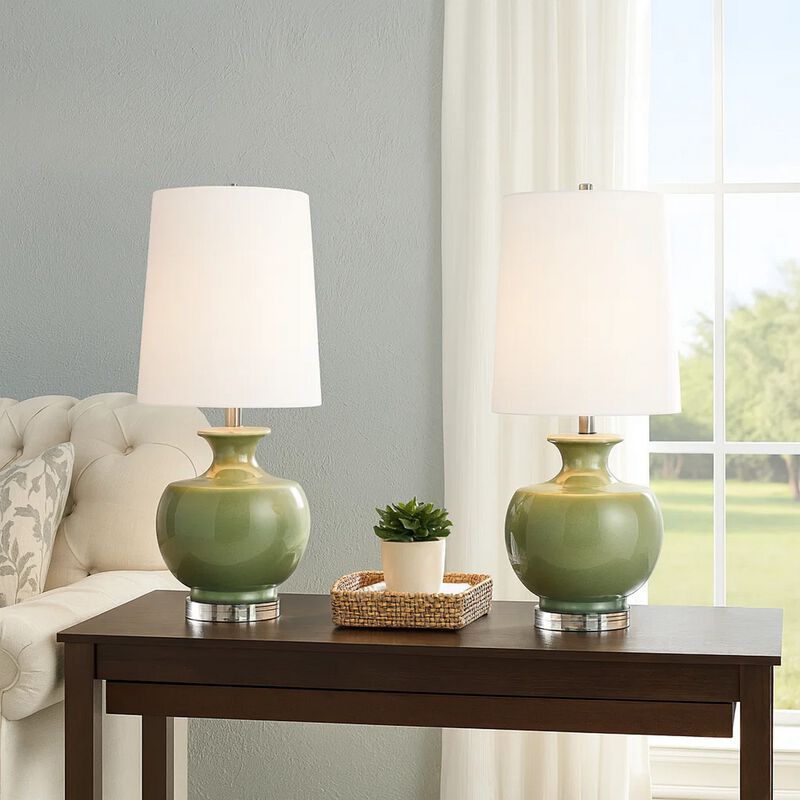 Kela 28 Inch Table Lamp Set of 2, Green Ceramic Pot Base, White Shade image number 1
