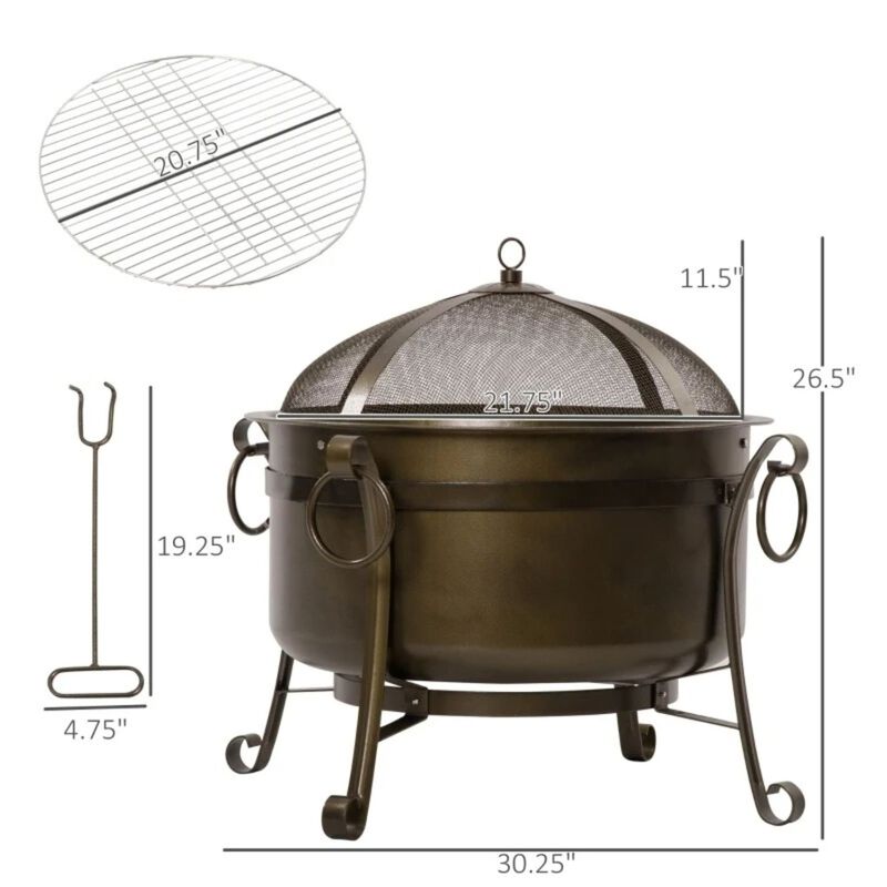 QuikFurn Outdoor Wood Burning Fire Pit Cauldron Style Steel Bowl w/ BBQ Grill, Log Poker, and Mesh Screen Lid