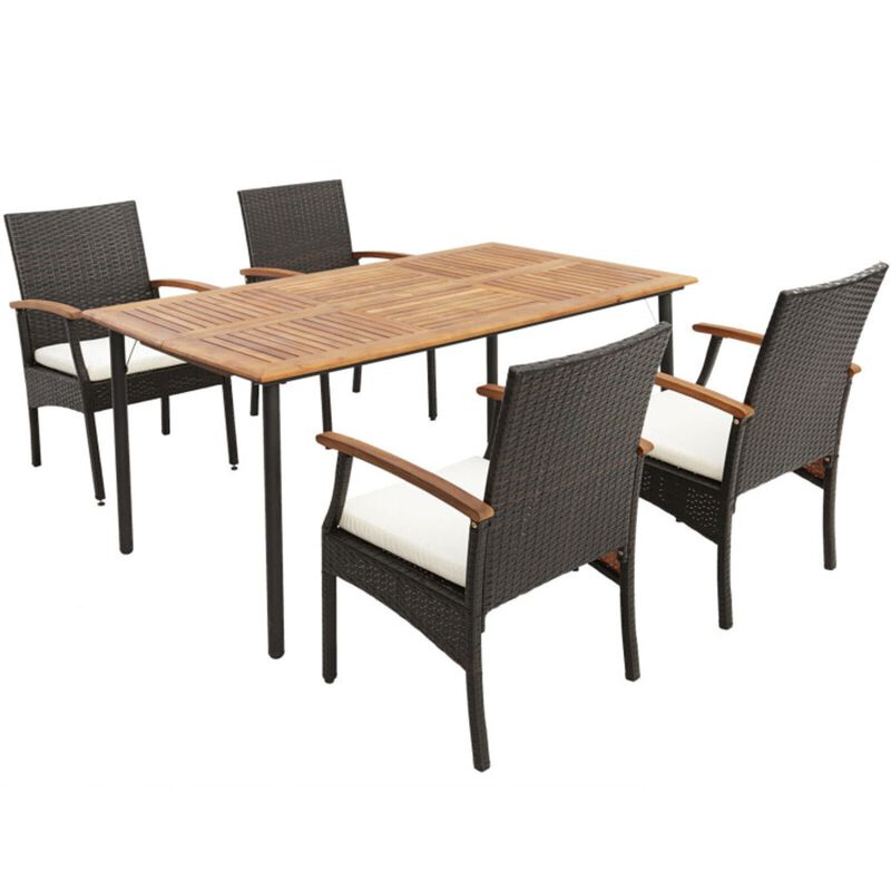 Mondawe 5Pcs Patio Dining Set, Acacia Wood Umbrella Hole Table & 4 Cushioned Chairs W/ Wood Armrests