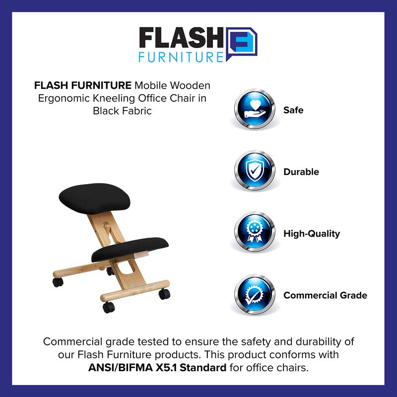 Flash Furniture Posey Mobile Wooden Ergonomic Kneeling Office Chair in Black Fabric