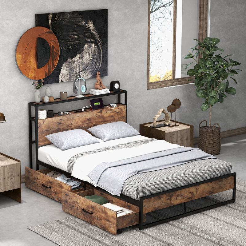 Bed Frame with 2-Tier Storage Headboard and Charging Station