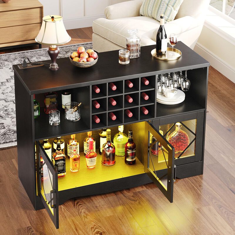Home Bar Cabinet with LED Lighting, Wine Rack and Power Outlet-Black image number 4