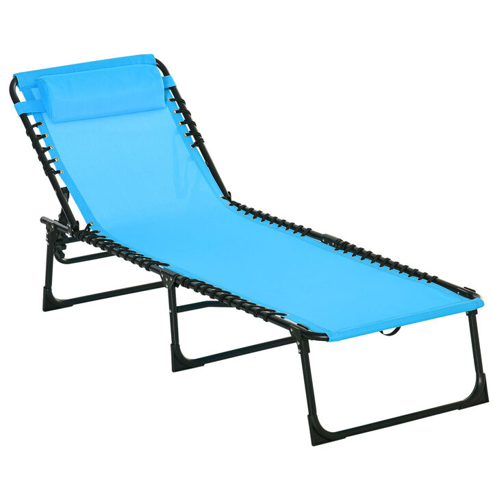 Outsunny Folding Chaise Lounge Pool Chair, Patio Sun Tanning Chair, Outdoor Lounge Chair w/ 4-Position Reclining Back, Pillow, Breathable Mesh & Bungee Seat for Beach, Yard, Patio, Blue