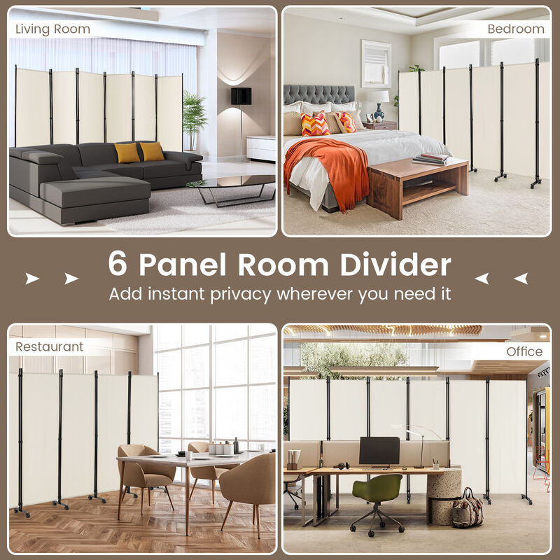 6 Panel 5.7 Feet Tall Rolling Room Divider on Wheels