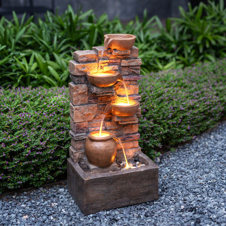 Outdoor 4-Tier Cascading Water Fountain with LED Lights, Brown