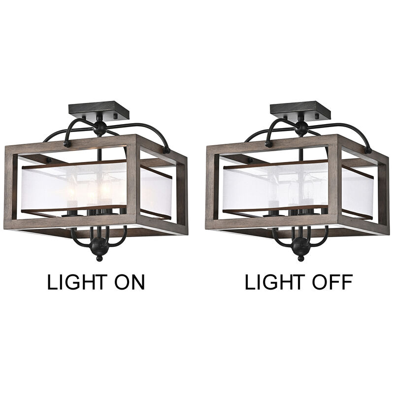 Karin 4-light Antique Black Metal Natural Wood Flush Mount with Fabric Shade image number 5