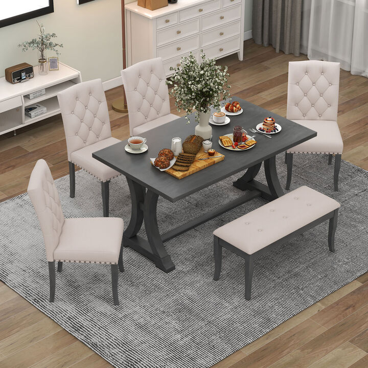 Whisen 6-Piece Farmhouse Dining Table Set with 4 Upholstered Chairs and Bench for Dining Room - Antique Gray
