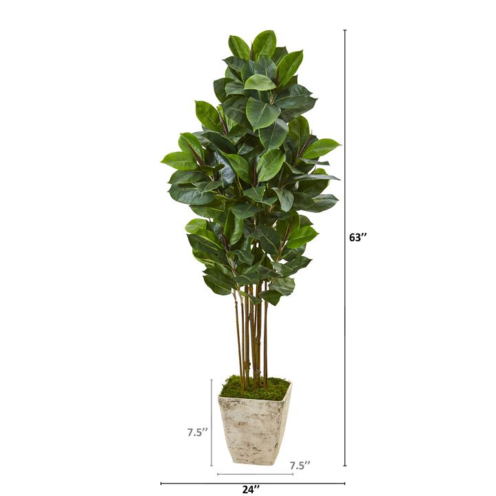 HomPlanti 63 Inches Rubber Leaf Artificial Tree in Country White Planter