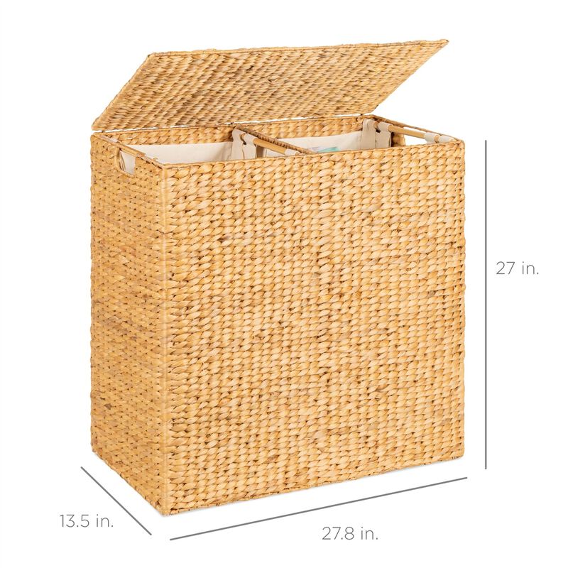 Natural Handwoven 2-Bin Laundry Hamper with Removable Liners and Carry Handles