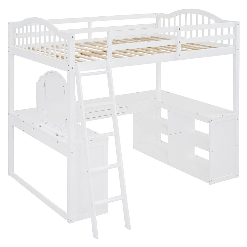 Merax Loft Bed with U-shaped Desk and Tri-fold Mirror
