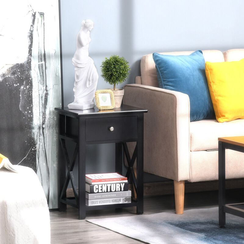 Elegant Bedside Storage: Black X-Frame Wood Nightstand with Drawer