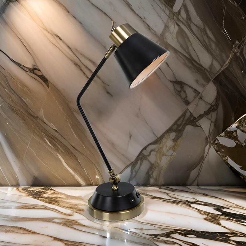 23 Inch Desk Lamp, Adjustable Arm, USB Port, Antique Brass and Black Metal  - Benzara