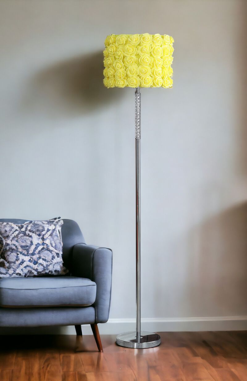 Hivvago 63" Steel and Acrylic Floor Lamp With Yellow Flowers Fabric Drum Shade