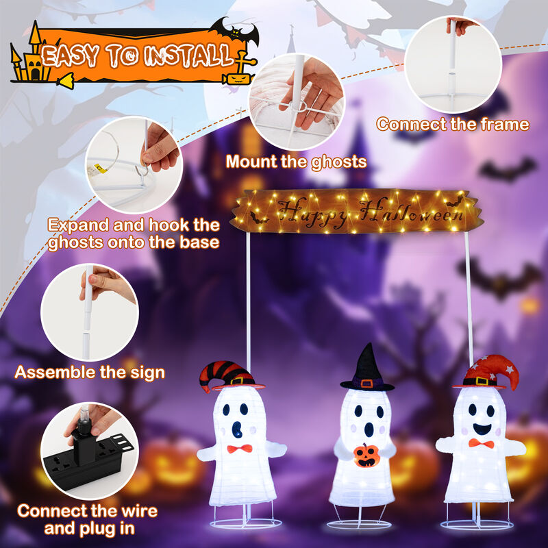 Pop- Up Ghost Halloween Decoration Set of 4 with Gate and LED Lights-White image number 5