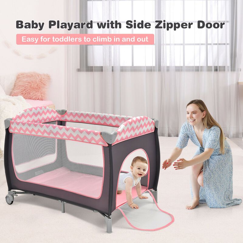 3-in-1 Portable Baby Playard with Zippered Door and Toy Bar - Pink
