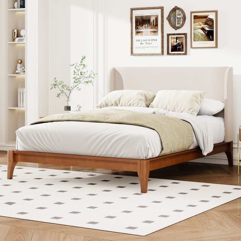 Merax Bamboo Wood Platform Bed with Upholstered Headboard image number 2