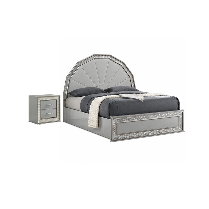 2pc King Bedroom Set, Metallic Gray, Silver Wood, Nightstand