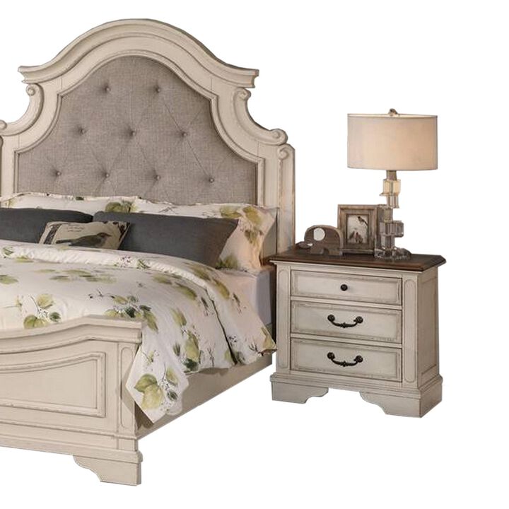 Lupe King Size Bed, Gray Upholstered Scalloped Frame, Antique White Finish - Benzara