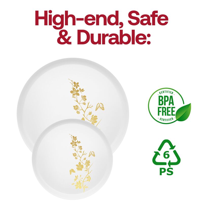 10" White with Gold Floral Round Plastic Dinner Plates (120 Plates) image number 4