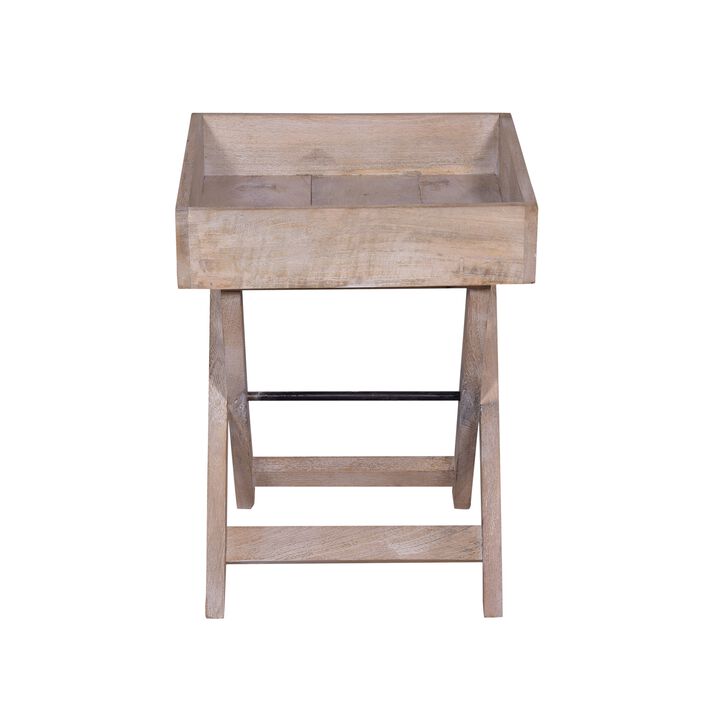 22 Inch Farmhouse Square Tray Top End Table, Mango Wood, X Shape Foldable Frame, Washed White-Benzara
