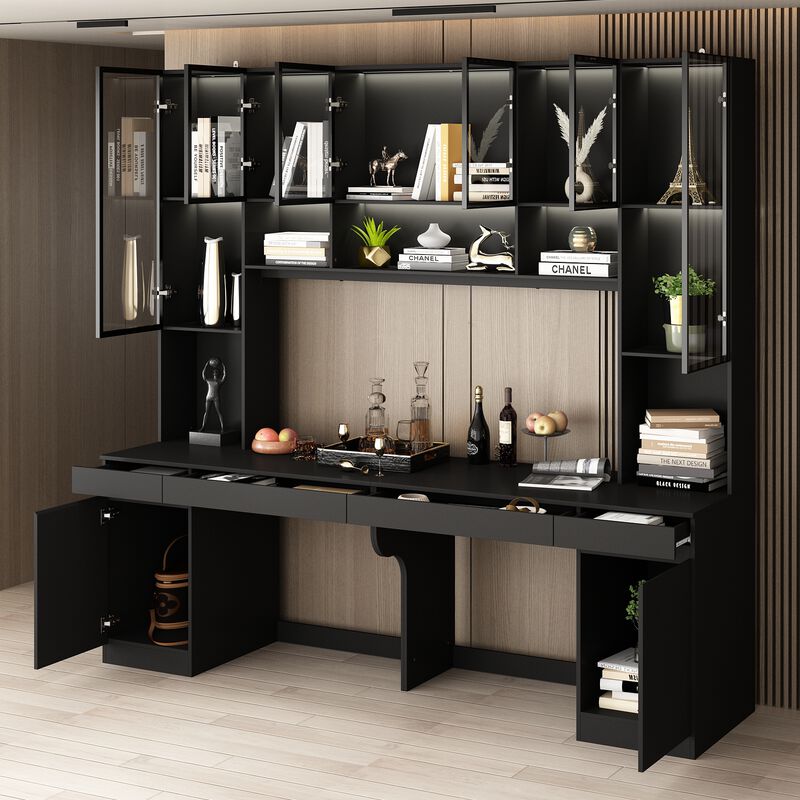 90.6 in. W Black Wood Computer Gaming Desk Home Office Desk, with 82.7 in. H Bookshelf, LED Lights, Drawers, Cabinets