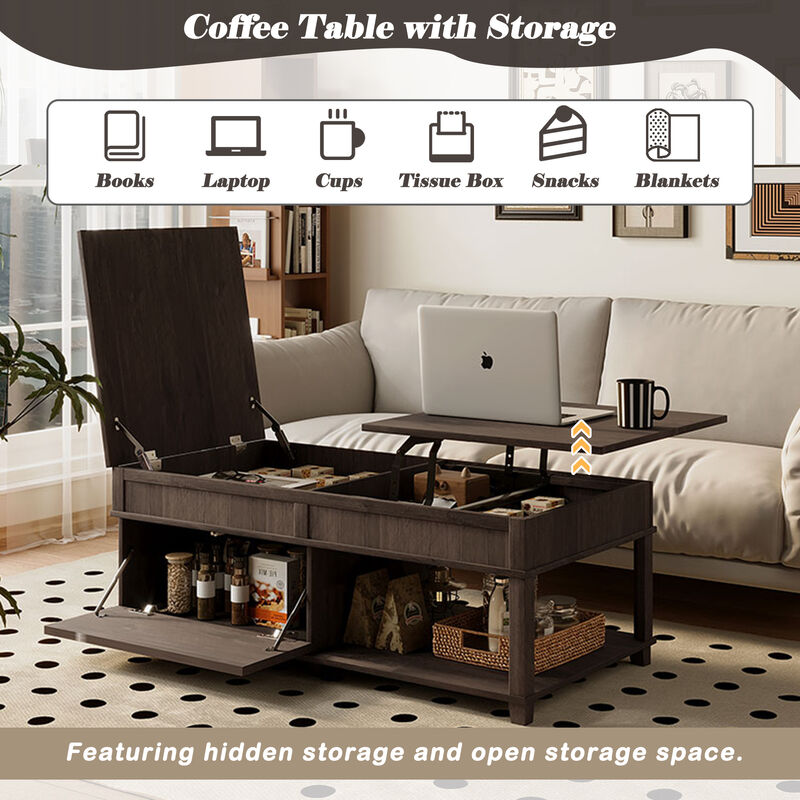 Merax 3-in-1 Coffee Table with Smooth Lift Mechanism, Secret Compartment & Display Shelf image number 6