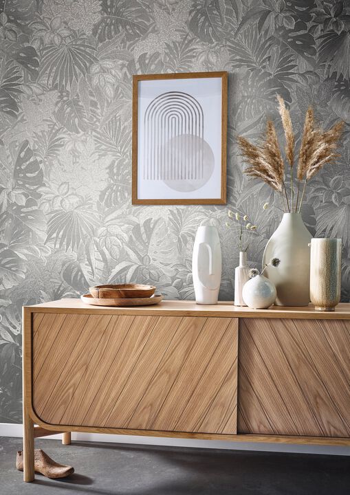 Eden Metallic Jungle Leaves Silver Grey Wallpaper EN3330114