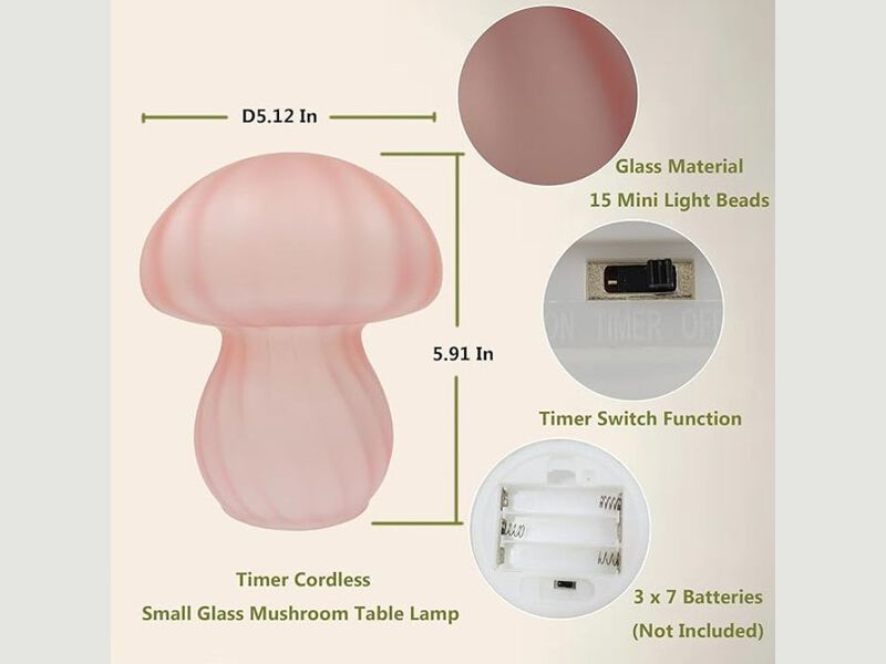 Mushroom Table Lamp Pink Stripes Glass Bedside Nightstand Desk Night Light image number 2